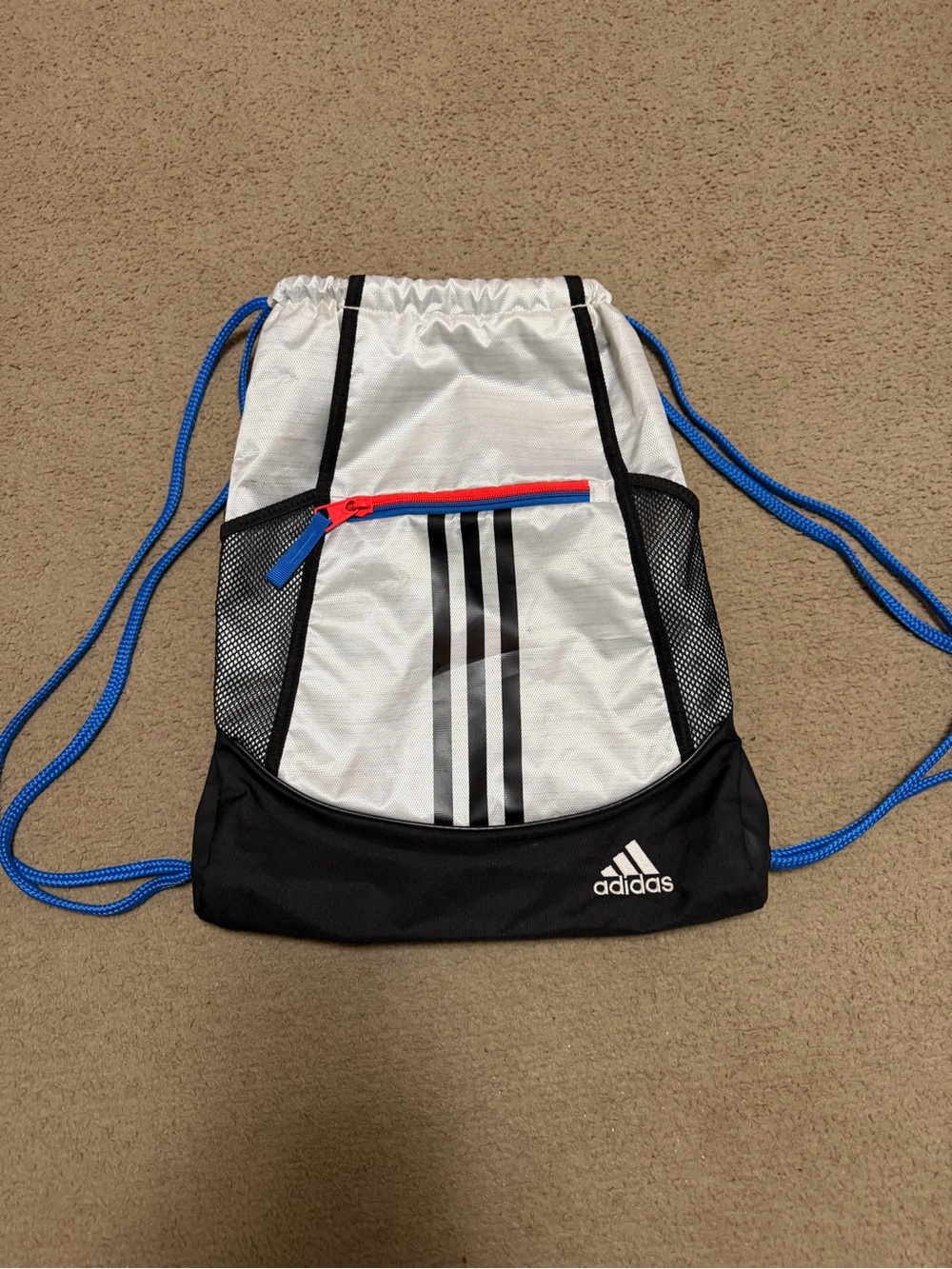 adidas White Drawstring Backpack with Black Base and Blue Straps